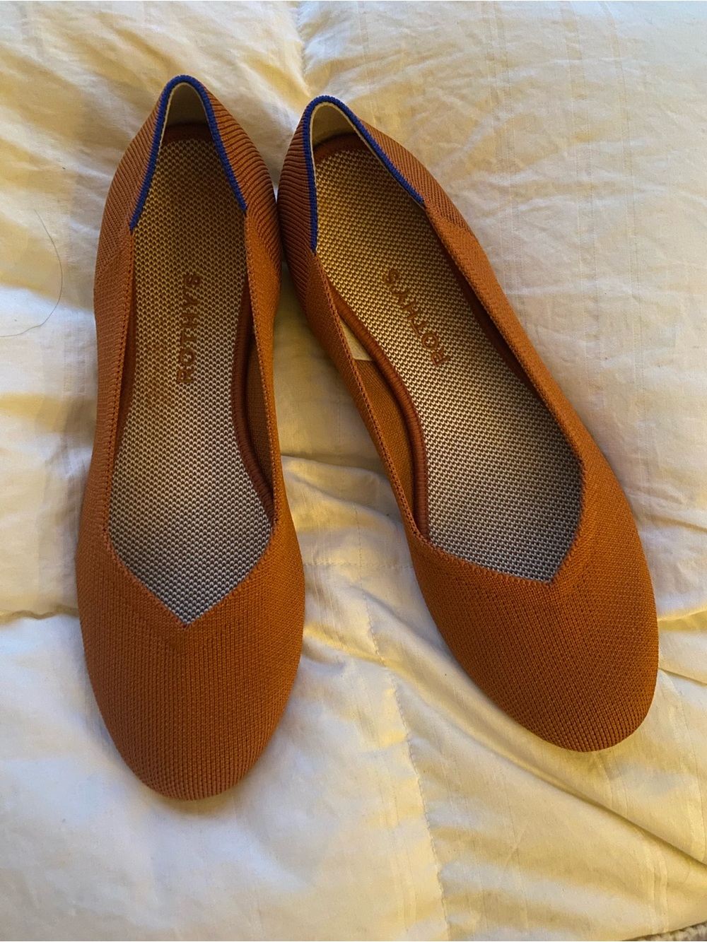 Rothy's Knit Ballet Flats in Fawn Tan with Blue Trim Retired Colorway 9.5 - Picture 3 of 14